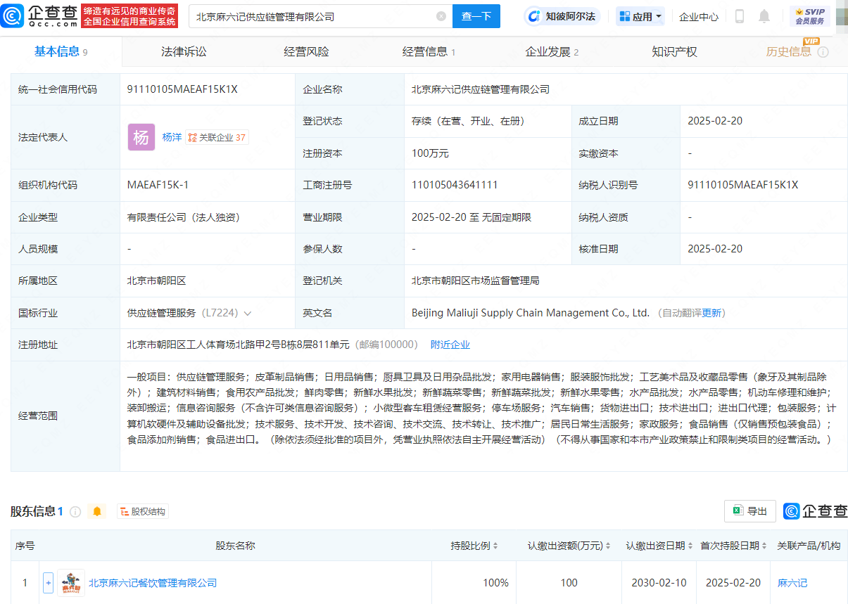 麻六記在北京投資成立供應(yīng)鏈管理公司